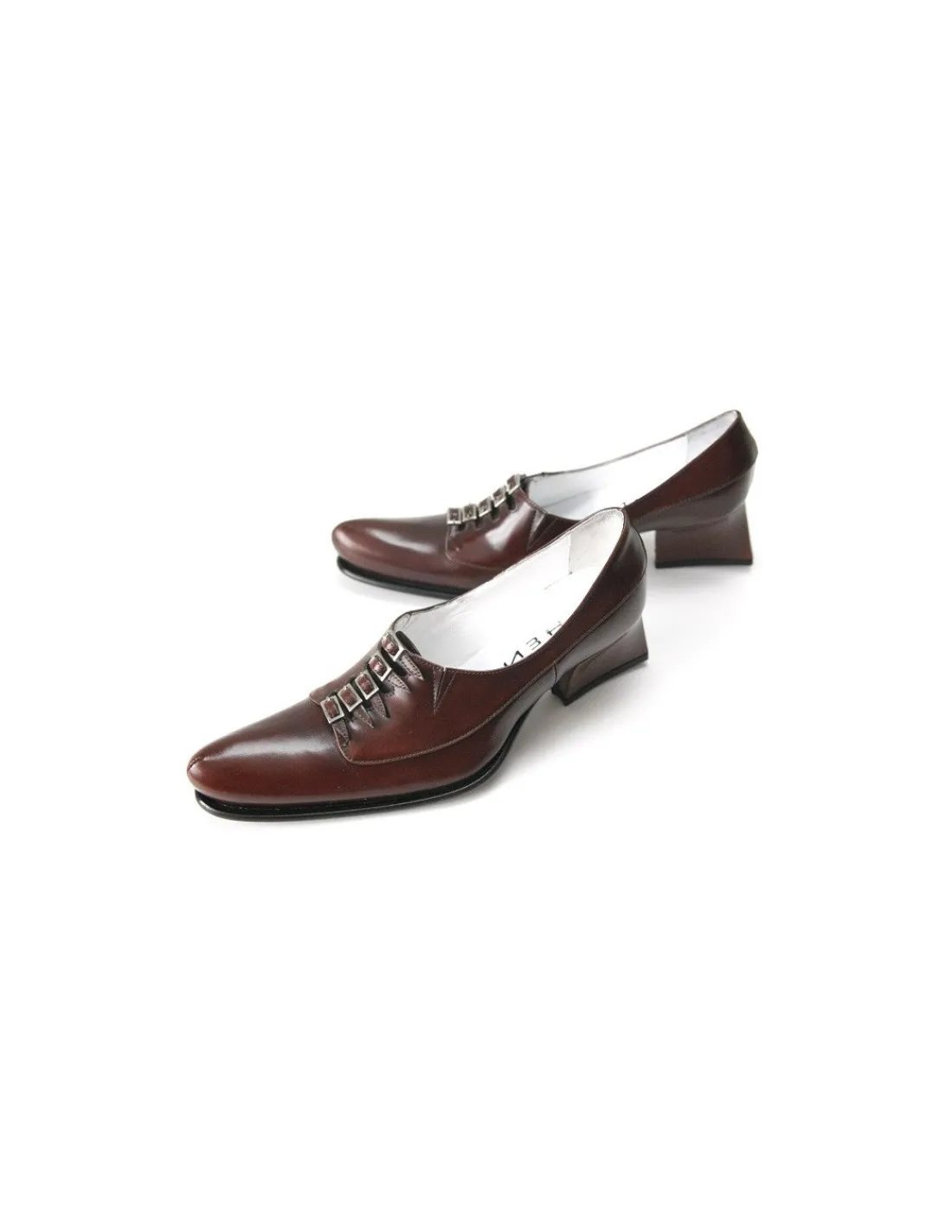 Damskie Hand Made polbuty z klamerkami, brazowa polerowana skora unikatowe obcasy