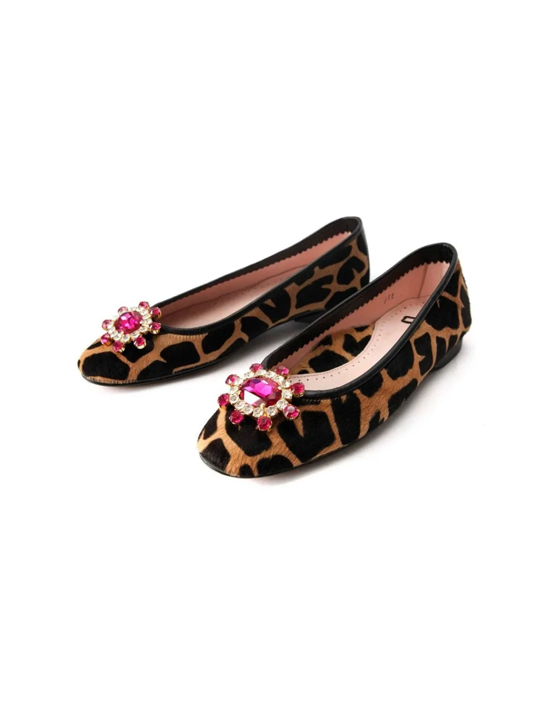 Damskie Hand Made baleriny z naturalnej skory z wlosiem z printem panterki i Swarovski