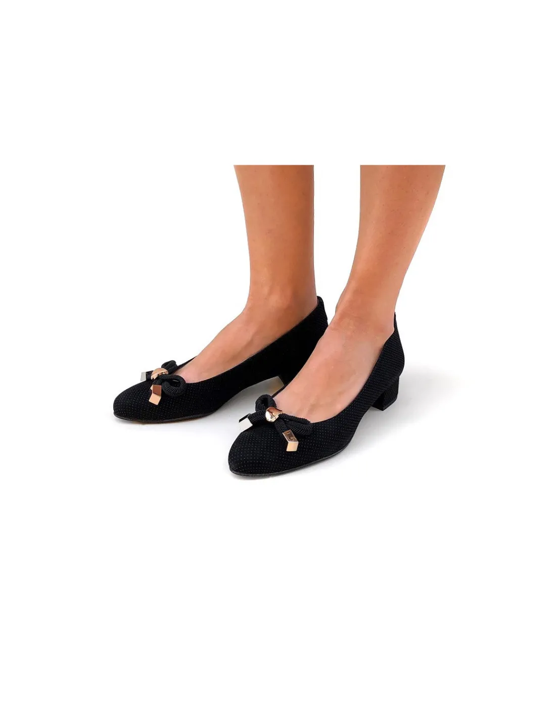 Damskie Hassia czarne skorzane czolenka na niskich obcasach, kokardka i zlote okucia