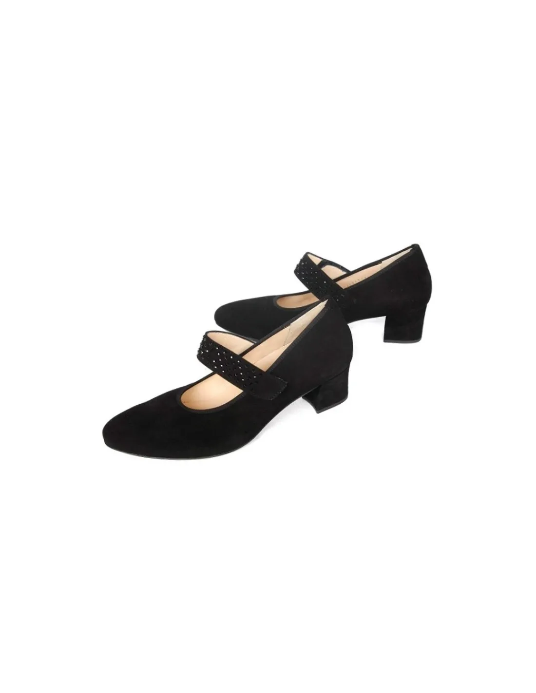 Damskie Hassia czarne zamszowe czolenka Mary Jane, paseczek z krysztalami Swarovski