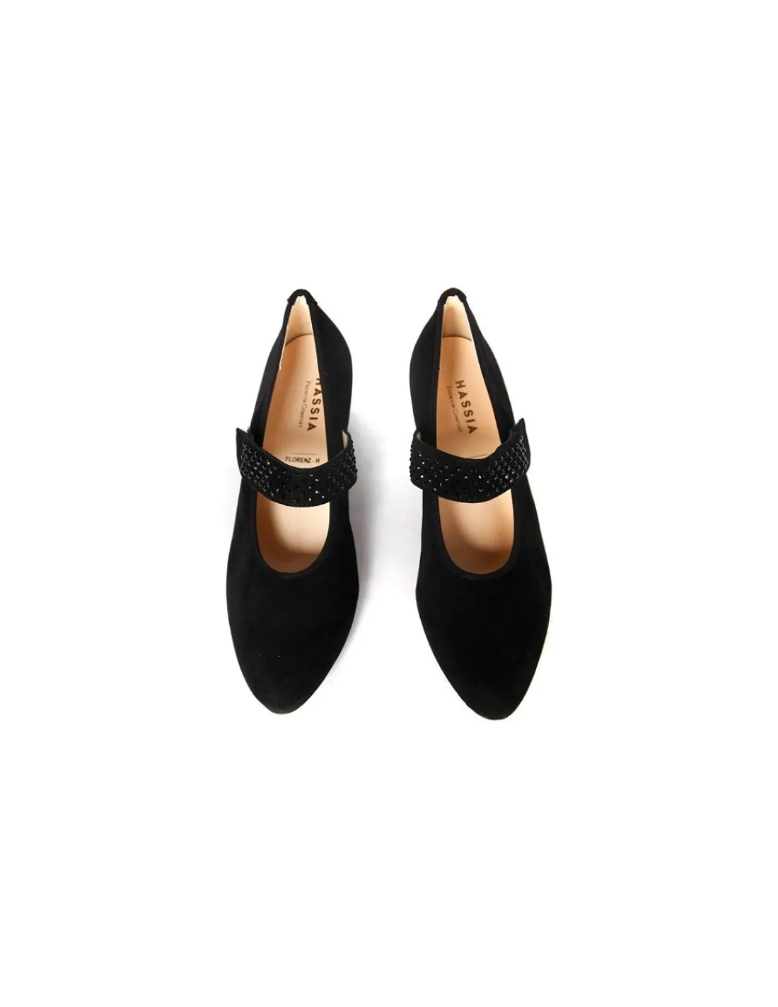 Damskie Hassia czarne zamszowe czolenka Mary Jane, paseczek z krysztalami Swarovski