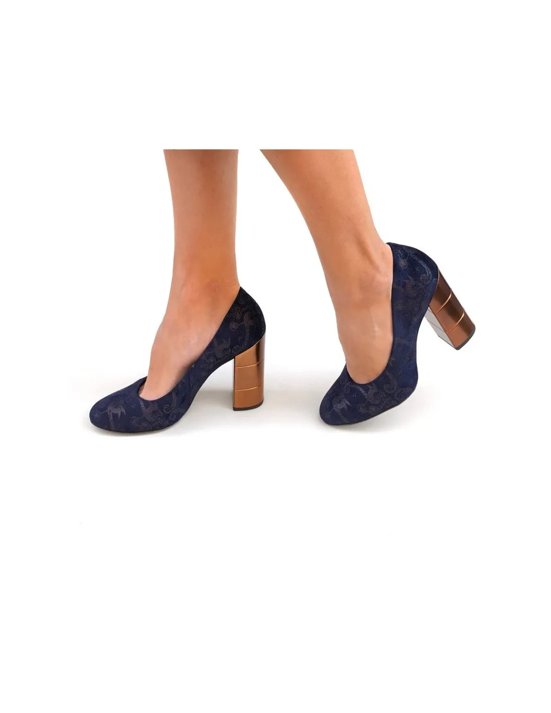 Damskie HOGL czolenka, granatowy welur z mosieznym ornamentem, efektowne stabilne obcasy