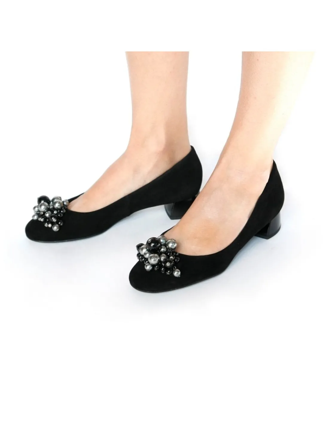 Damskie HOGL czolenka z perelkami, czarna skora- zamszowa, eleganckie komfortowe