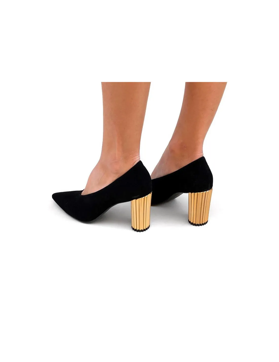 Damskie HOGL czolenka, zlote obcasy jak kolumny i naturalny zamsz