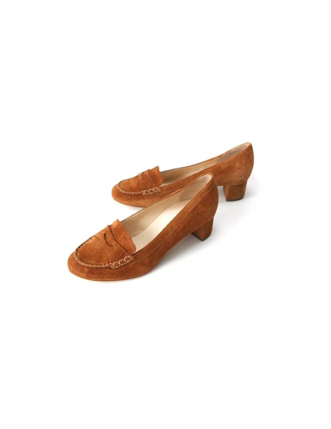 Damskie HOGL mokasyny penny loafers i ruda naturalna zamszowa skora na stabilnych obcasach