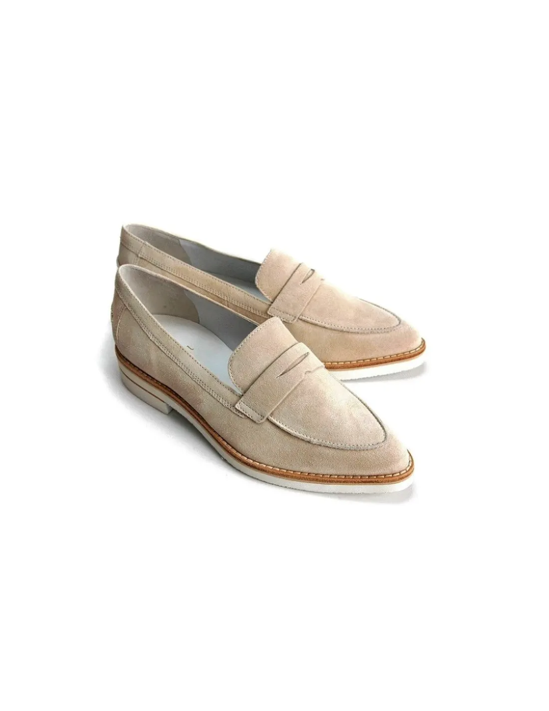 Damskie HOGL mokasyny, penny loafers jasno bezowe zamszowe na bialych zelowkach, klasyka