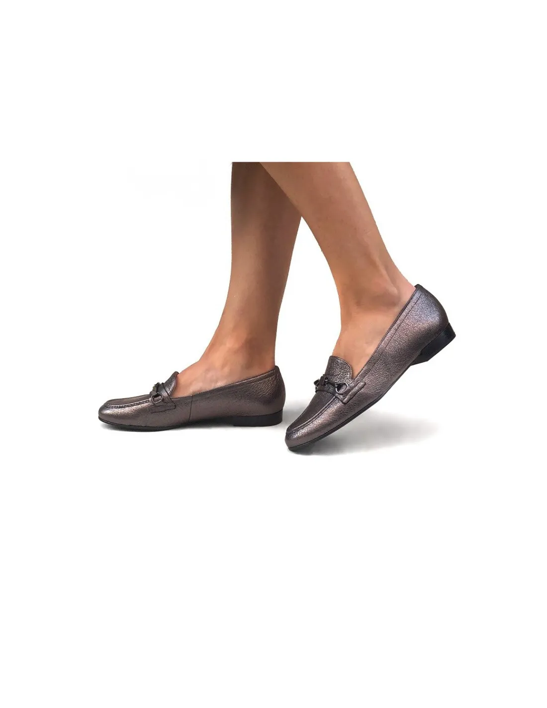 Damskie HOGL mokasyny z ozdobnym wedzidlem i logo marki, grafitowa metaliczna skora