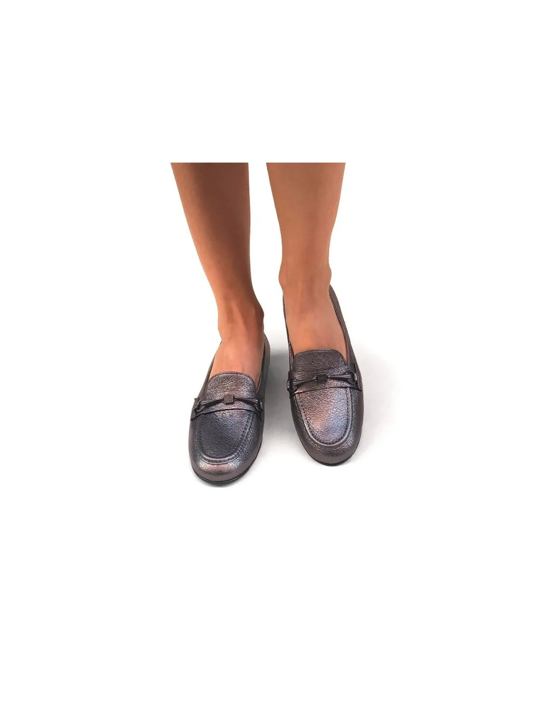 Damskie HOGL mokasyny z ozdobnym wedzidlem i logo marki, grafitowa metaliczna skora