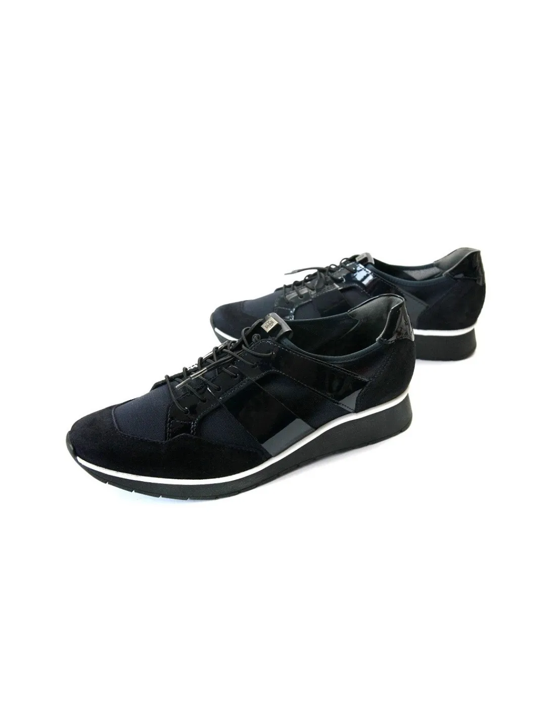 Damskie HOGL sneakers granatowe sznurowane, polaczenie zamszu, skory lakierowanej i stretch