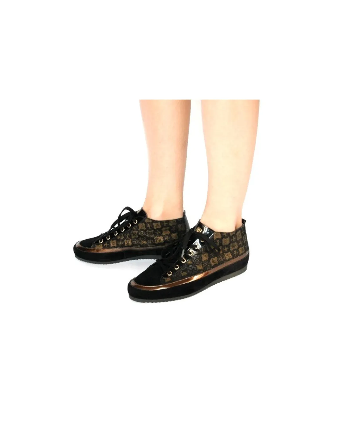 Damskie HOGL sneakers, sznurowane do kostek, skora nubuk czarno- zlota, miekkie komfortowe