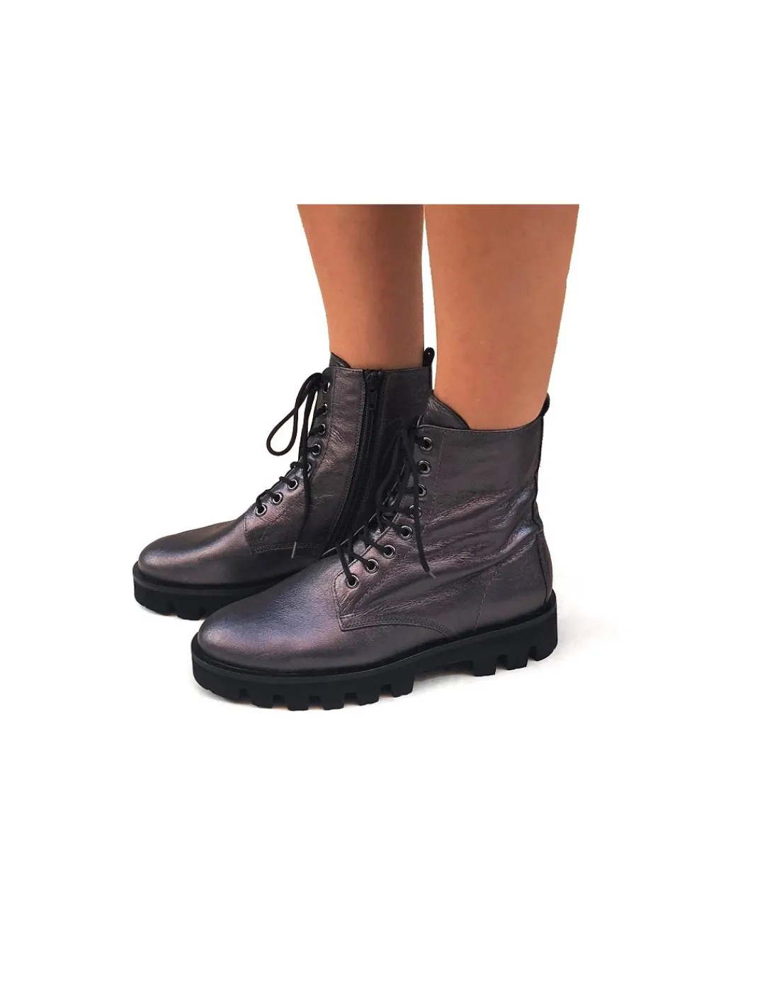 Damskie HOGL trzewiki, botki sznurowane z naturalnej skory metalicznej, z zamkiem, na lekkich zelowkach vibram