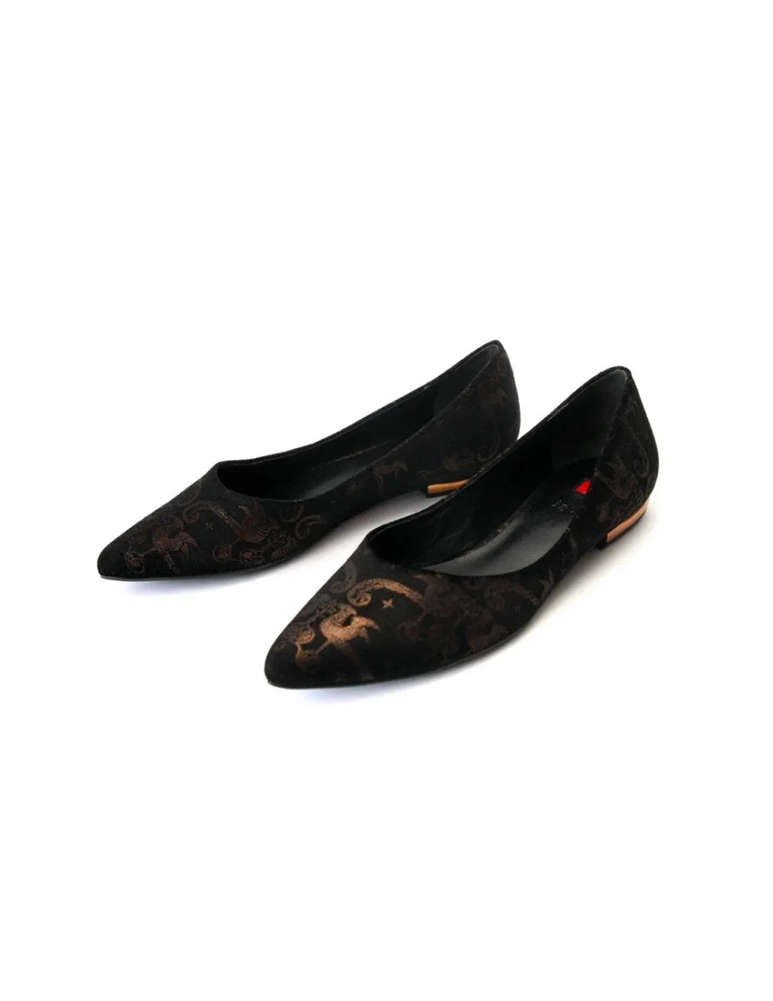 Damskie HOGL baleriny, czarna zamszowa skora i mosiezny barokowy wzor