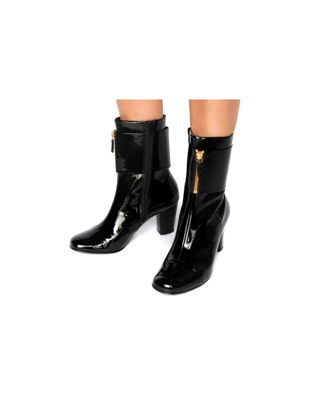 Damskie HOGL botki, lakierowana czarna skora, stabilne obcasy i ozdobny zamek