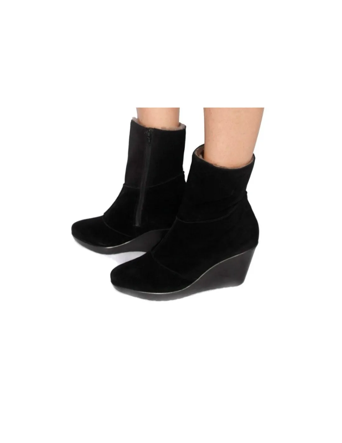 Damskie HOGL botki ocieplone kozuchem, czarne zamszowe z zamkiem, na koturnie