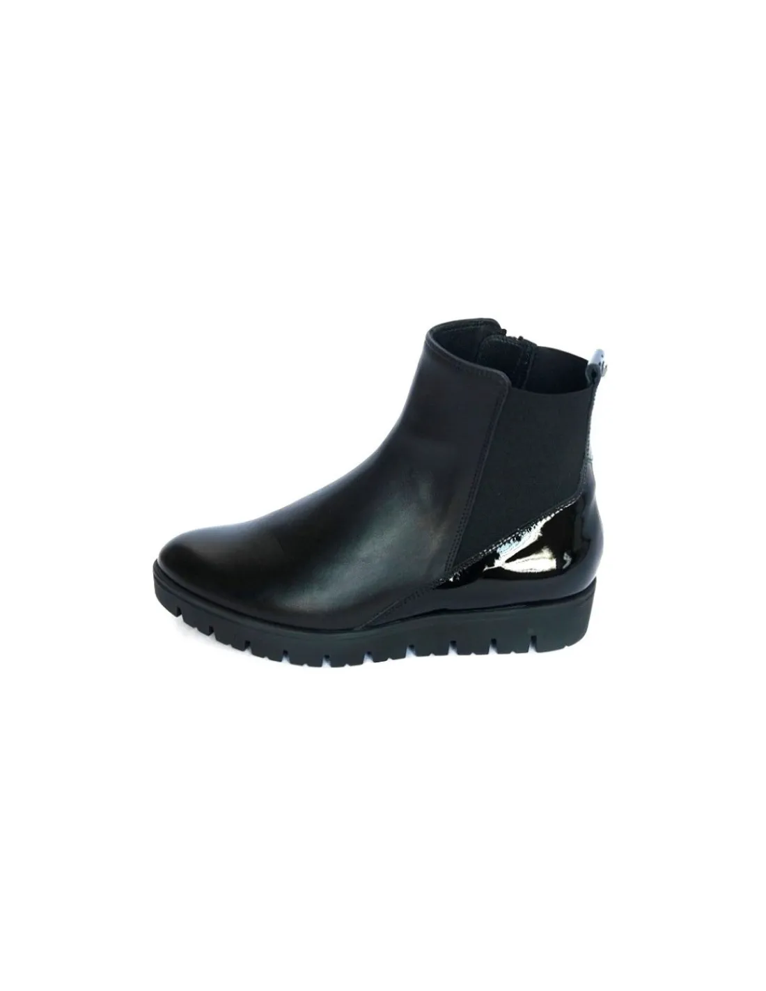 Damskie HOGL botki sztyblety, skorzane czarne na gumowej miekkiej platformie wykonczone wokol piet lakierowana skora