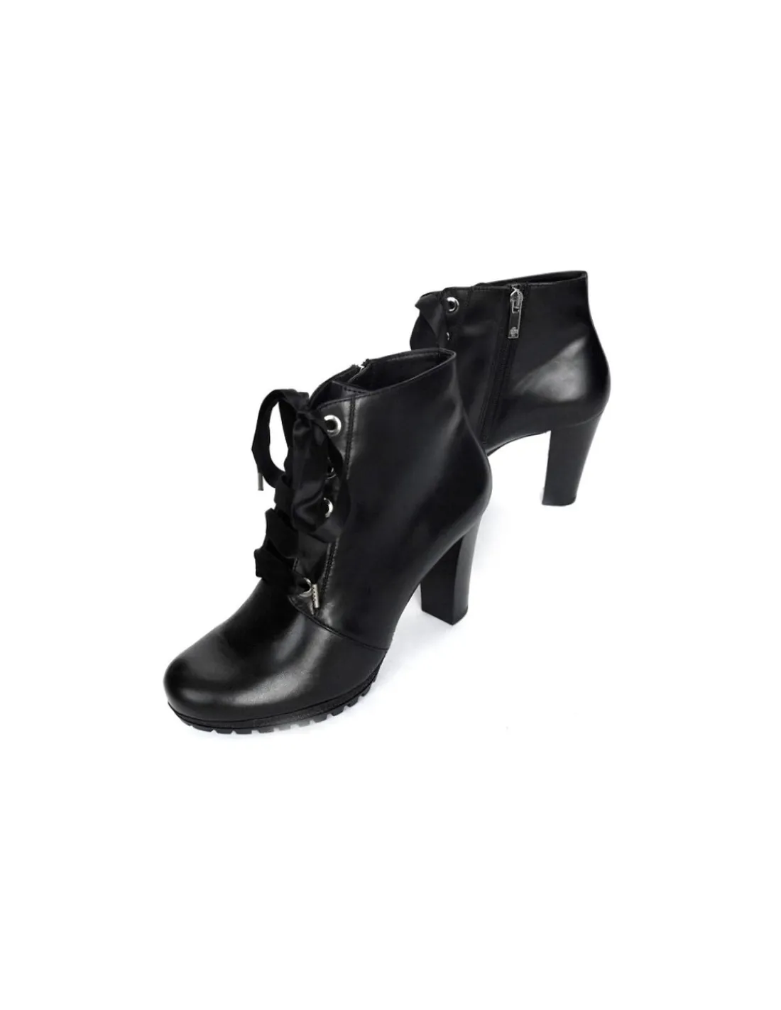 Damskie HOGL botki z naturalnej czarnej skory sznurowane jedwabna sznurowka i z zamkiem, na wysokich stabilnych obcasach