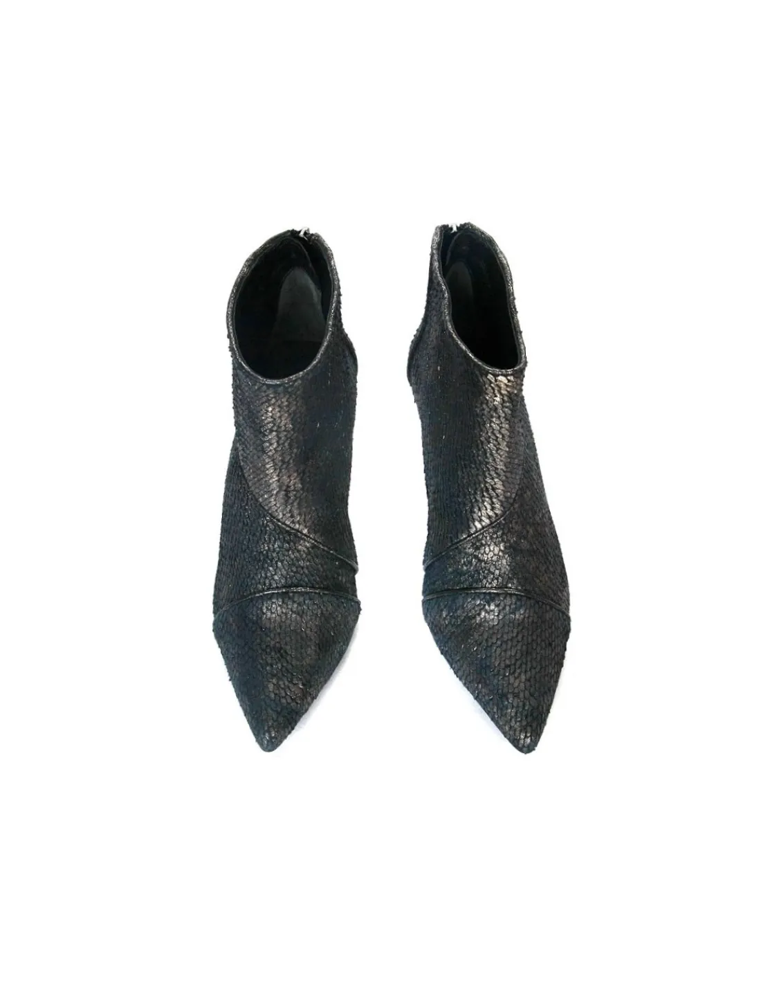 Damskie HOGL botki z noskiem w szpic i zgrabne niskie szpilki, strukturalna skora z luska metaliczny granat