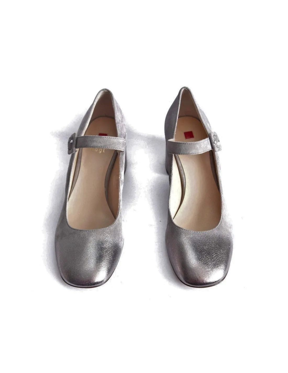 Damskie HOGL czolenka Mary Jane naturalna skora nubuk i metaliczny nosek