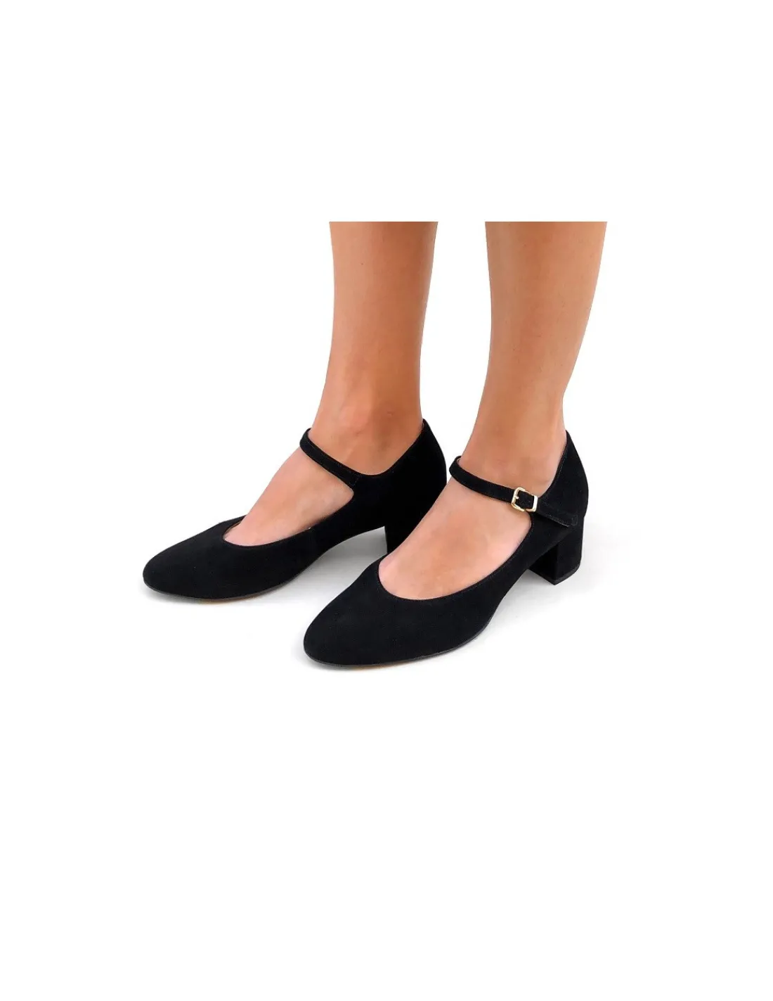 Damskie HOGL czolenka Mary Jane z czarnej naturalnej skory nubuk