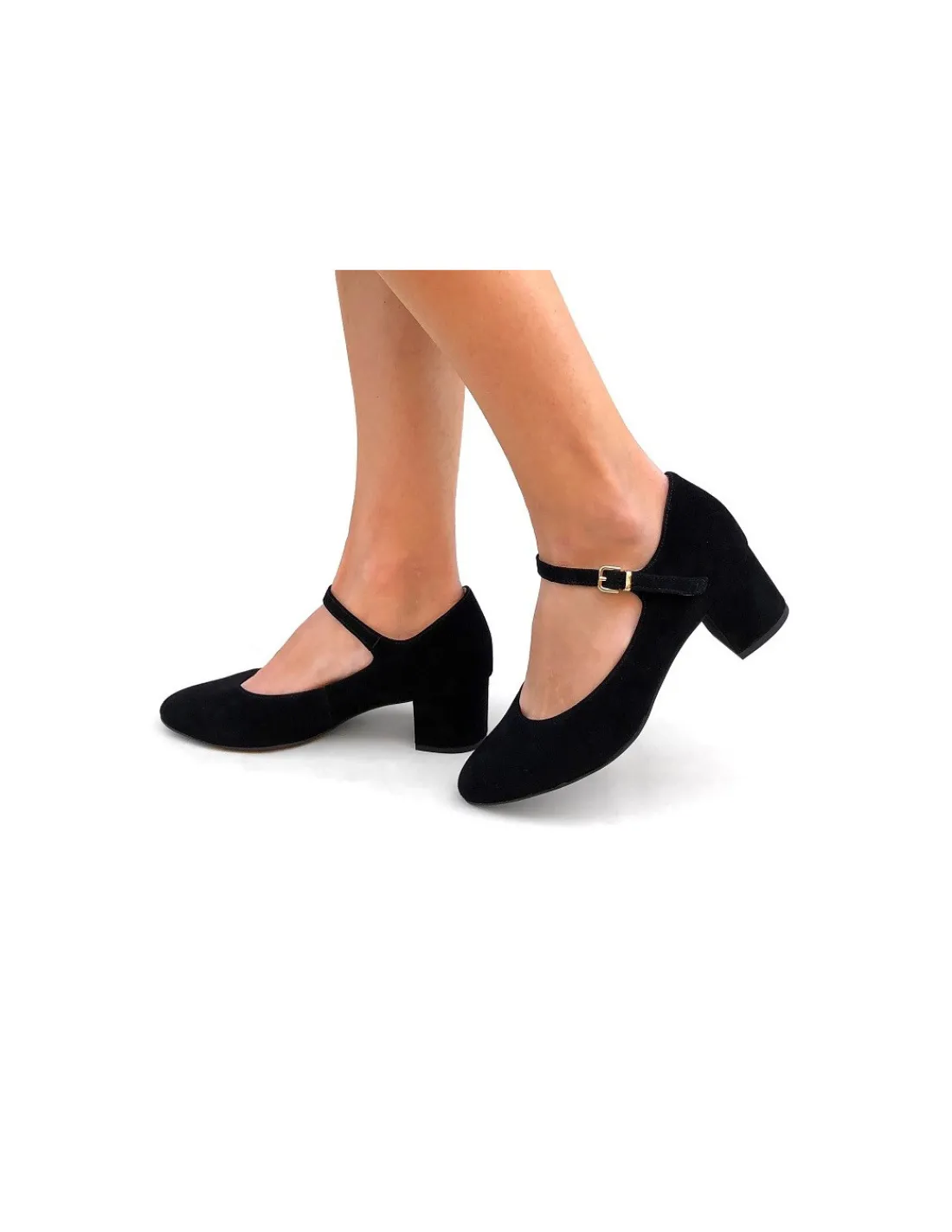 Damskie HOGL czolenka Mary Jane z czarnej naturalnej skory nubuk