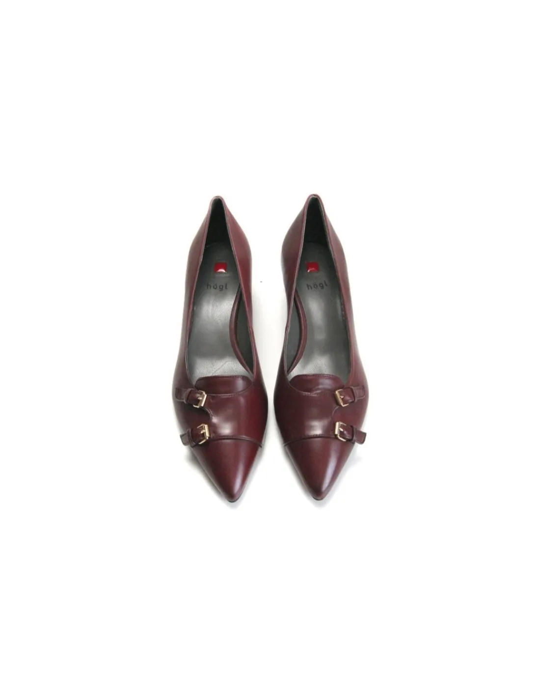 Damskie HOGL czolenka w stylu monk, skora bordowa, niskie unikatowe obcasy, dwie male zlote klamerki