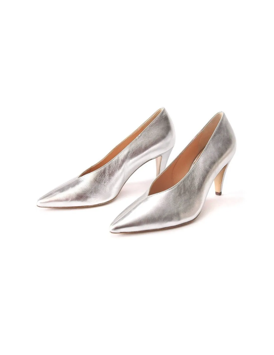 Damskie HOGL czolenka, zgrabne wyciecie podbicia, srebrna metaliczna skora