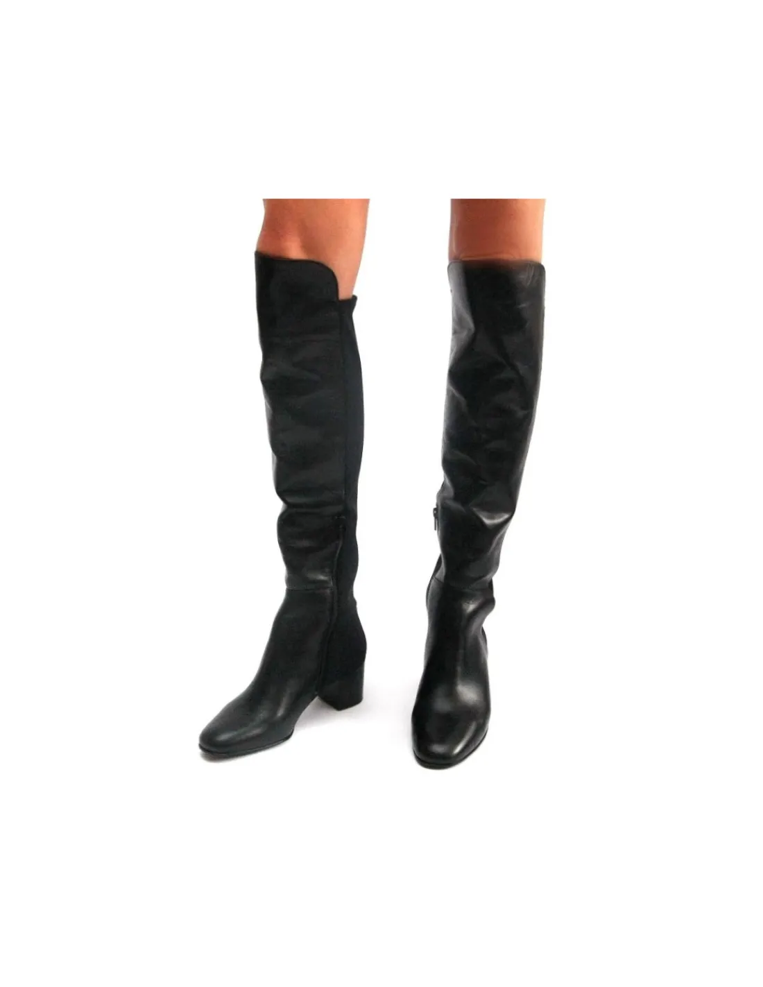 Damskie HOGL kozaki w stylu muszkieterki czarna skora i stretch, zgrabne stabilne obcasy klocek