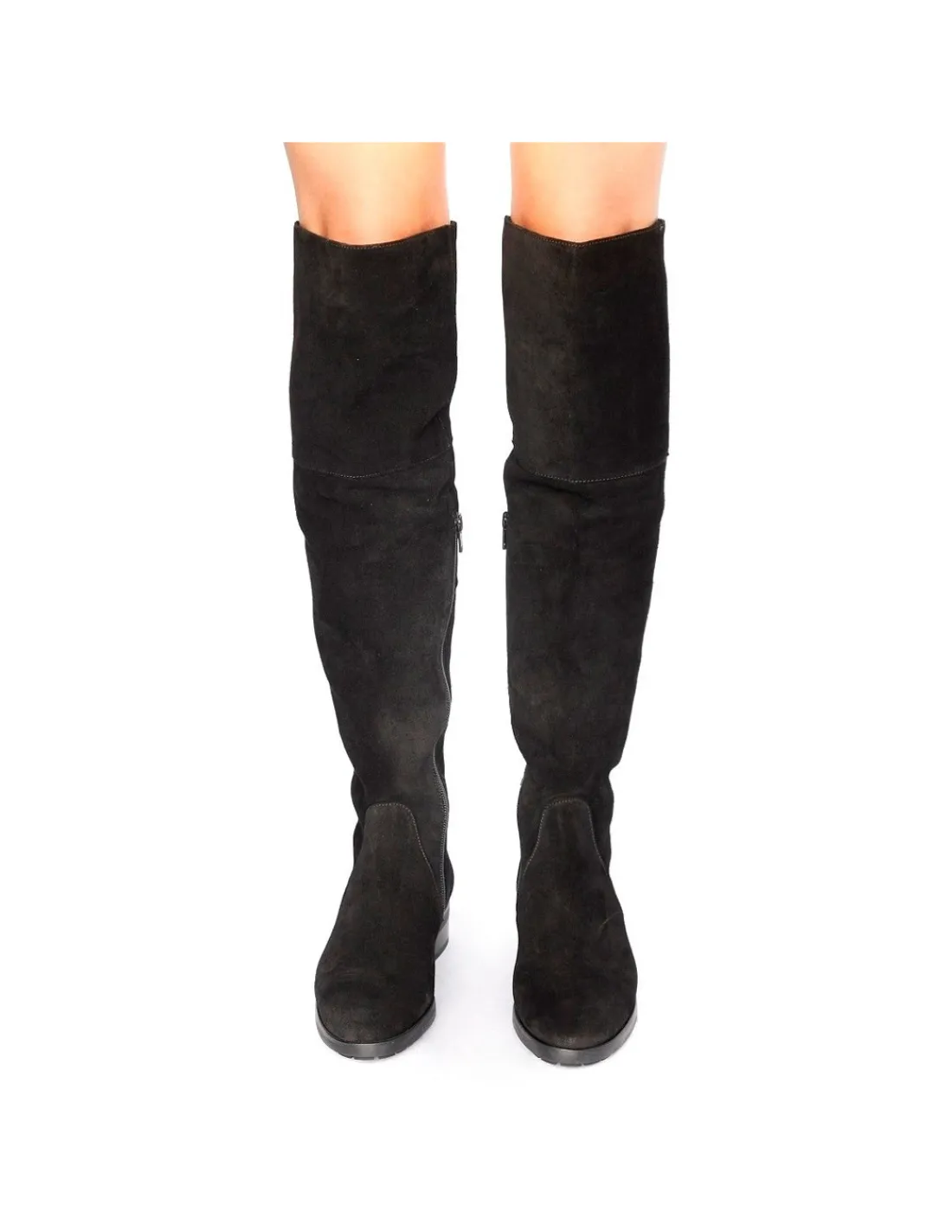 Damskie HOGL kozaki za kolano, muszkieterki naturalny zamsz, krotki zamek i plaskie zelowki typu wibram