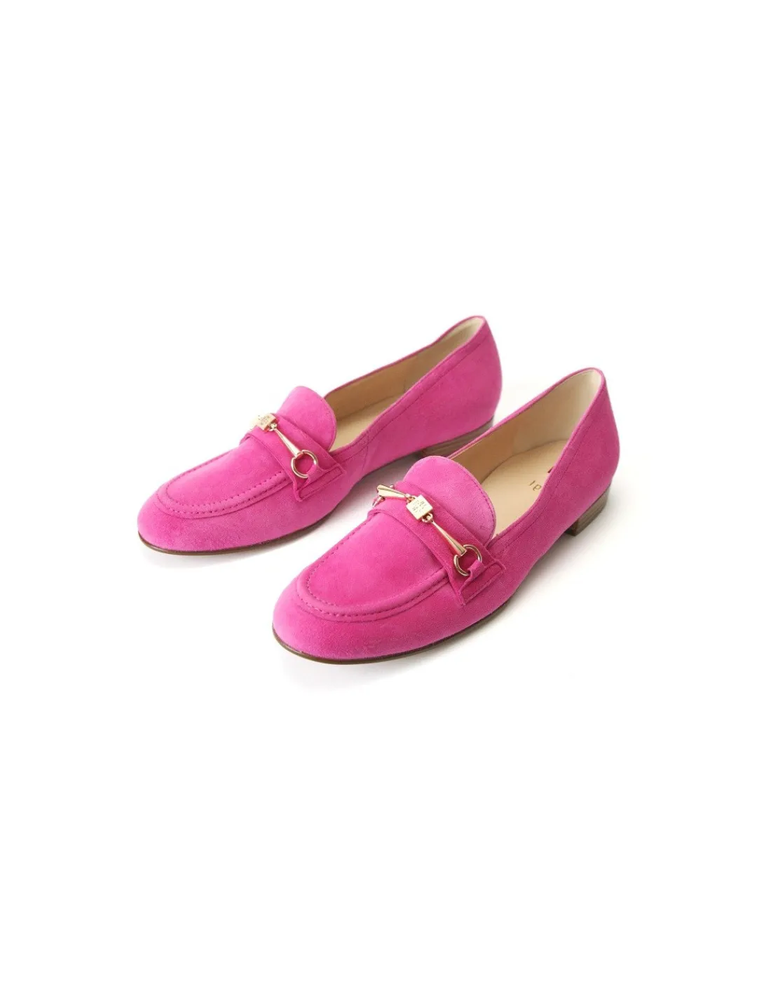 Damskie HOGL mokasyny loafers, rozowy naturalny zamsz i zlote wedzidlo z logo marki