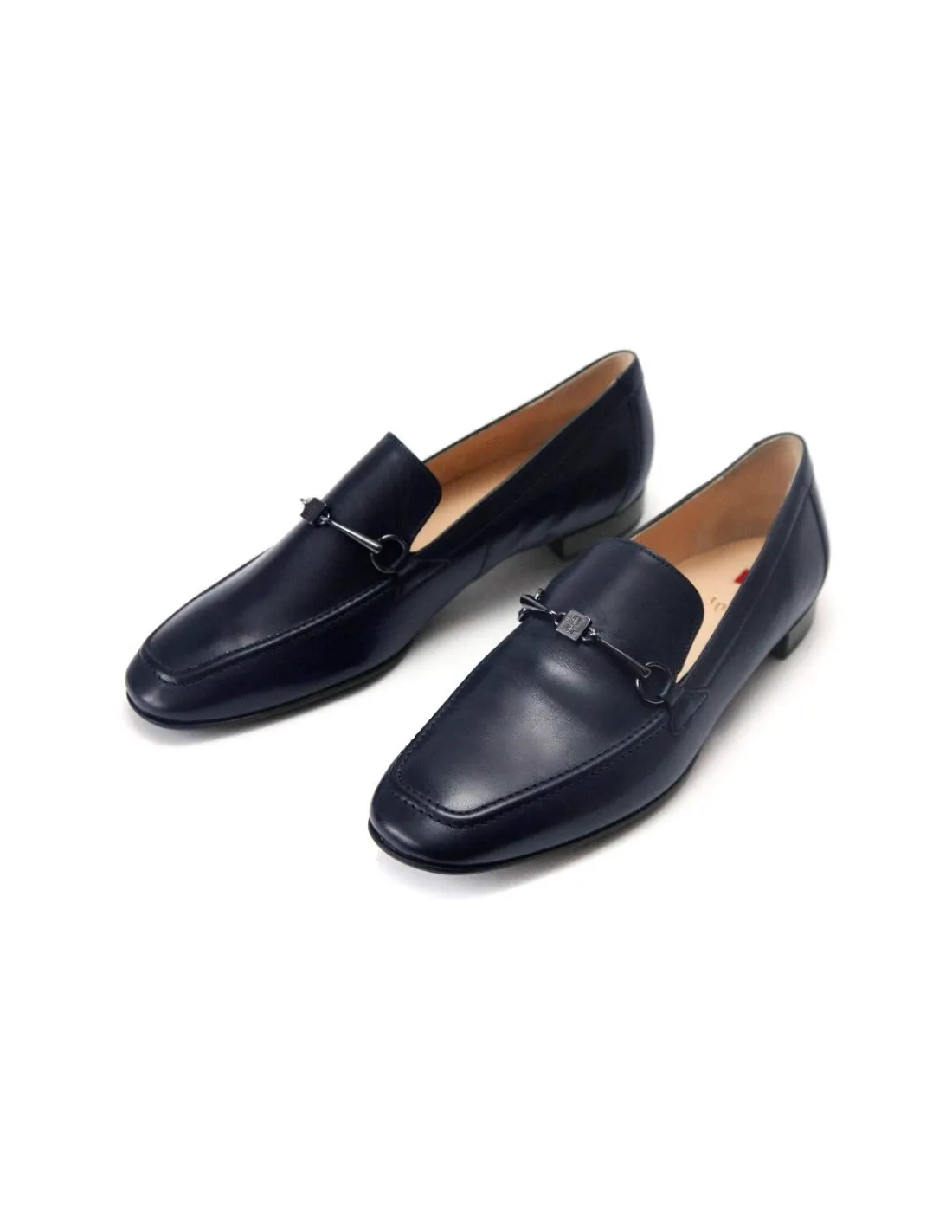 Damskie HOGL mokasyny, loaufer granatowe skorzane z oksydowanym wedzidlem i logo marki