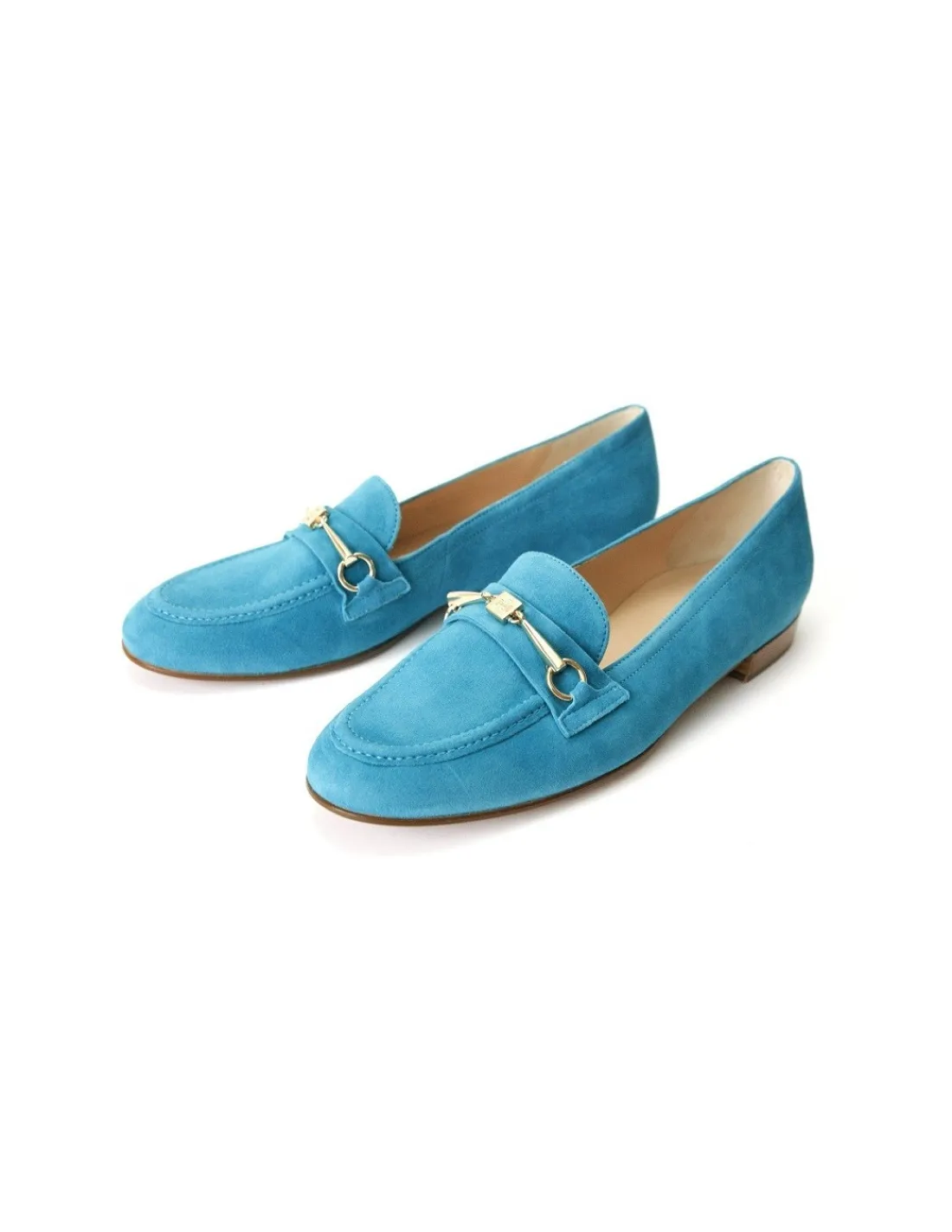 Damskie HOGL mokasyny loaufers, niebieski naturalny zamsz i wedzidlo ze zlotym logo marki