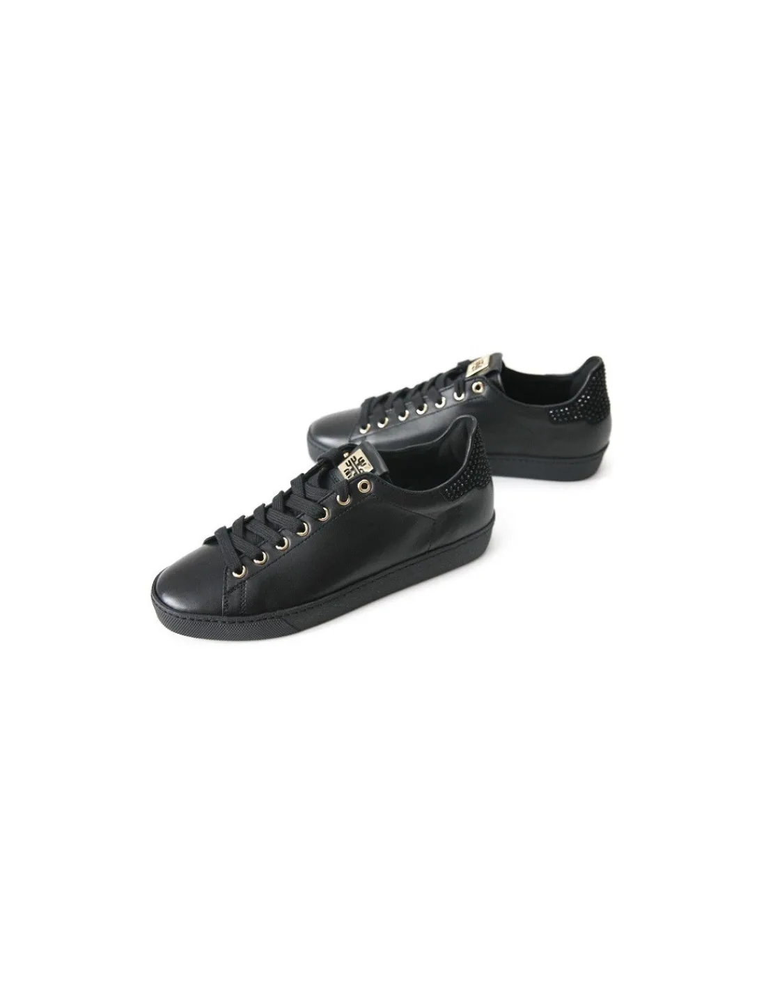 Damskie HOGL sneakers sznurowane, czarna skora, krysztalki Swarovski i zlote logo marki
