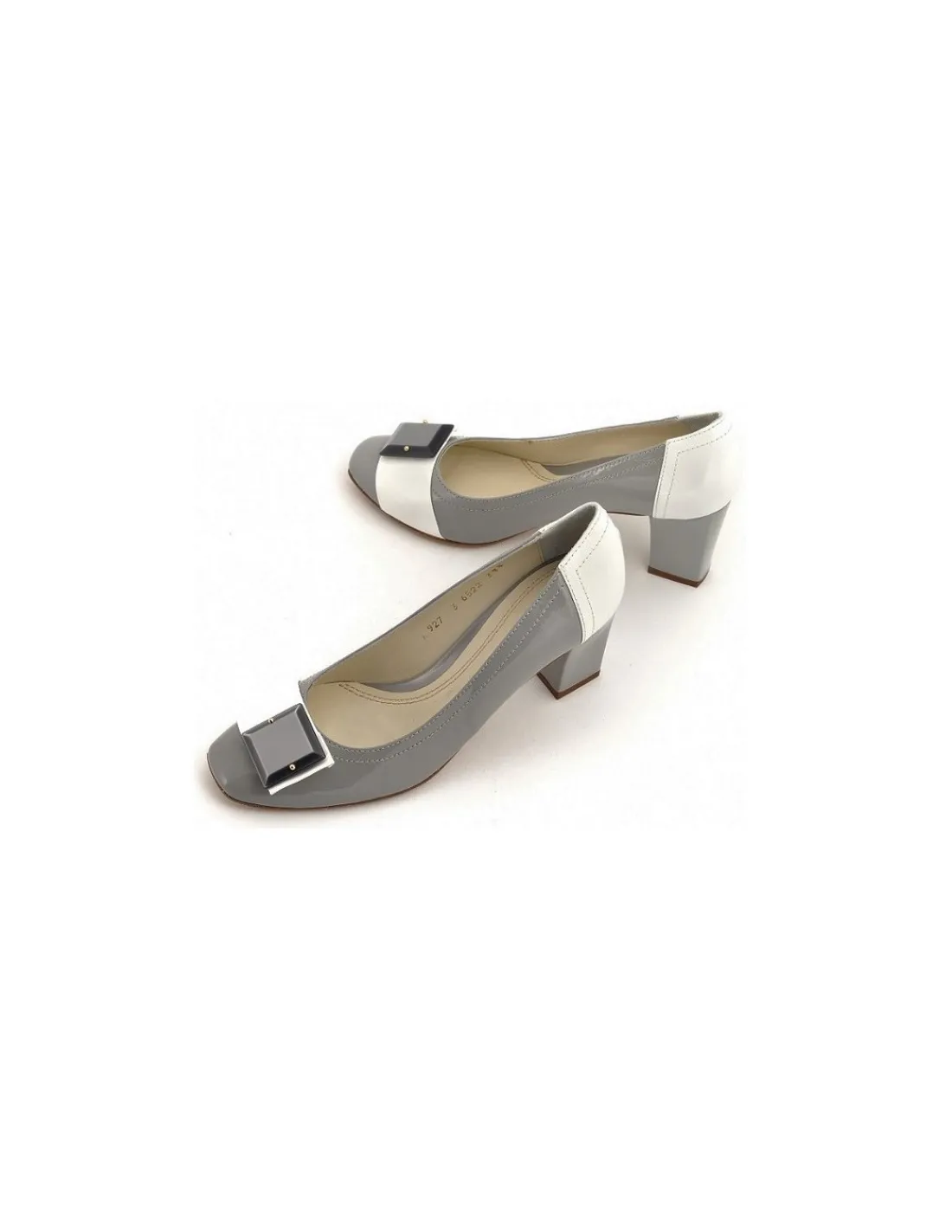 Damskie Luxax czolenka, naturalna skora lakierowana, szarosc i biel, klasyka i komfort
