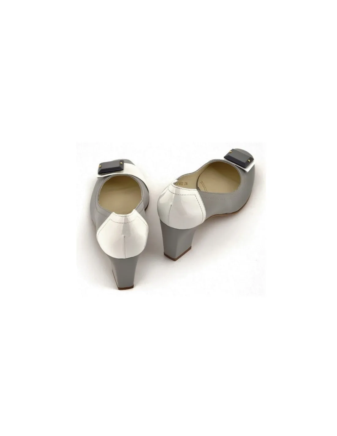 Damskie Luxax czolenka, naturalna skora lakierowana, szarosc i biel, klasyka i komfort