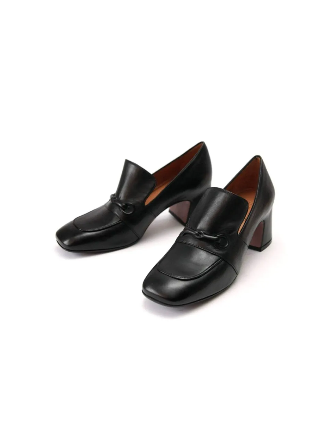 Damskie Mara Bini mokasyny, loafers czarne skorzane, recznie wykonane i stabilne obcasy