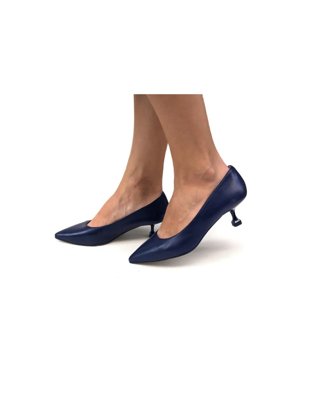 Damskie Marisa Rey czolenka granatowe skorzane, iconic na niskich unikatowych szpilkach