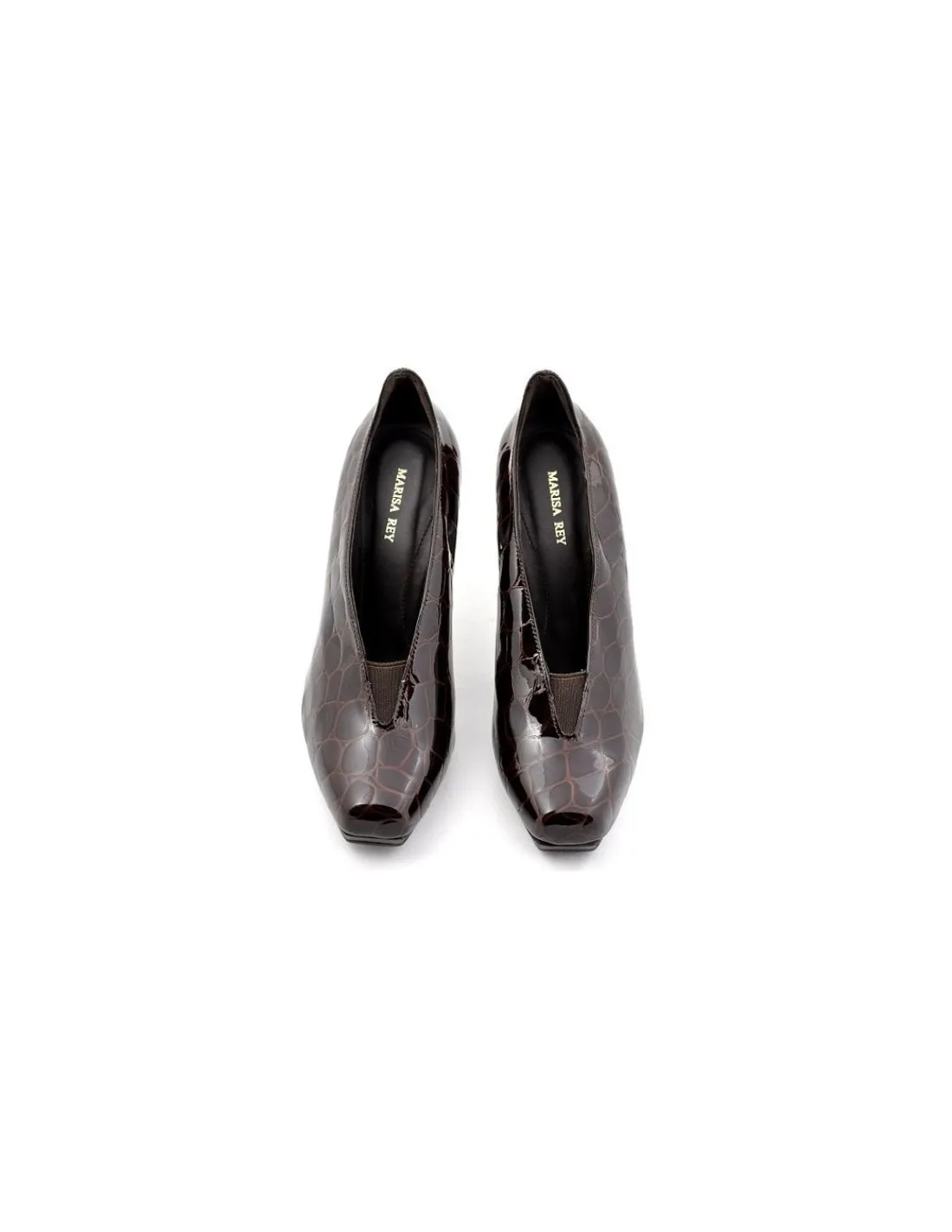 Damskie Marisa Rey czolenka, lakierowana naturalna skora brazowa tloczona na wzor croco