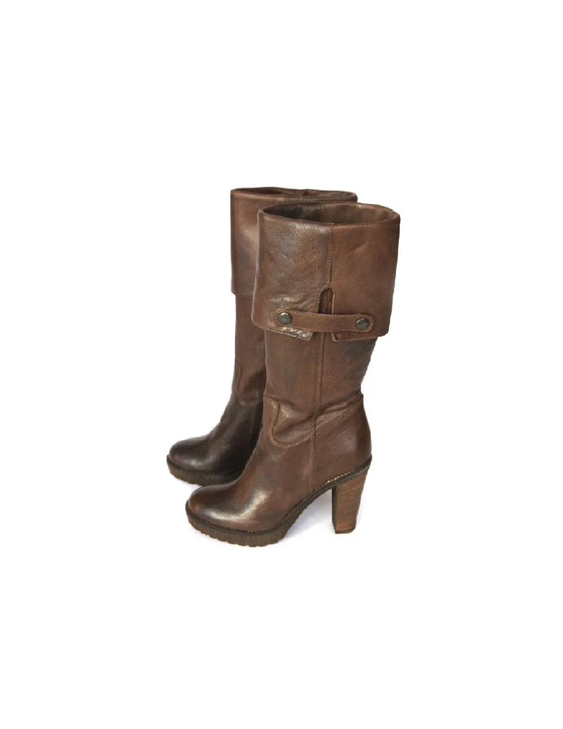 Damskie Marisa Rey kozaki z naturalnej skory brazowej vintage na platformach i wysokich stabilnych obcasach