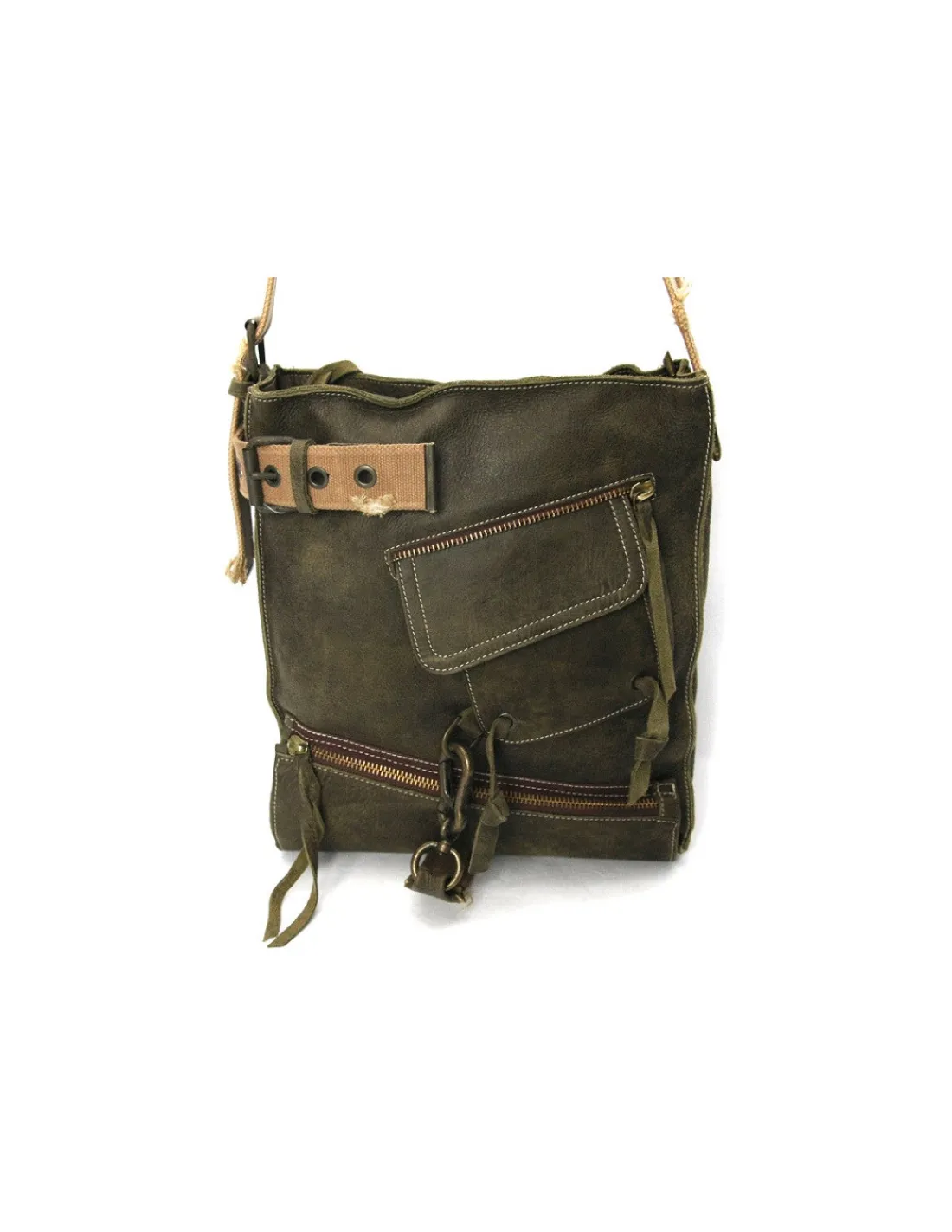 Marisa Rey listonoszka unisex, torba na ramie zielona skora vintage i jasne bawelniane tasmy