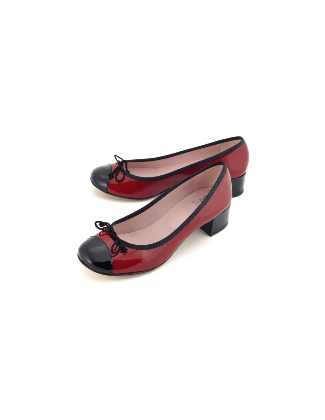 Damskie Mascaro baleriny, czerwone z czarnym noskiem z lakierowanej naturalnej skory, kokardka