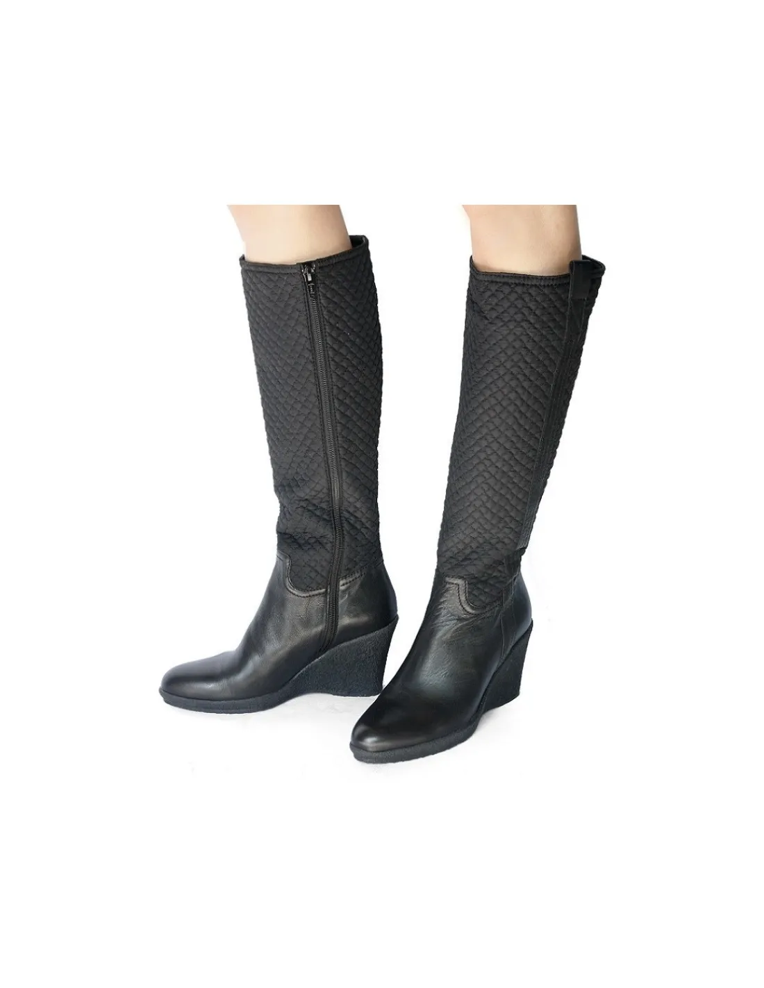 Damskie Mascaro kozaki czarne z naturalnej skory i pikowanego nylonu, zamek i komfortowy koturn