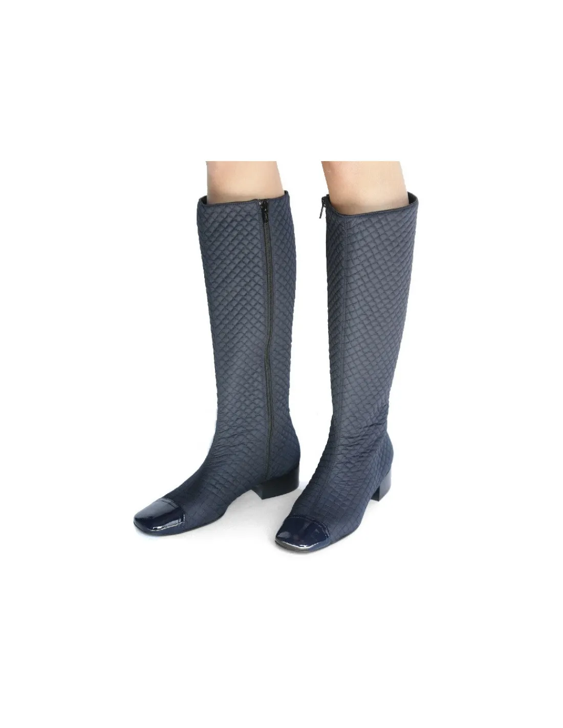 Damskie Mascaro kozaki granatowe pikowane z zamkiem, lakierowane noski i plaskie obcasy