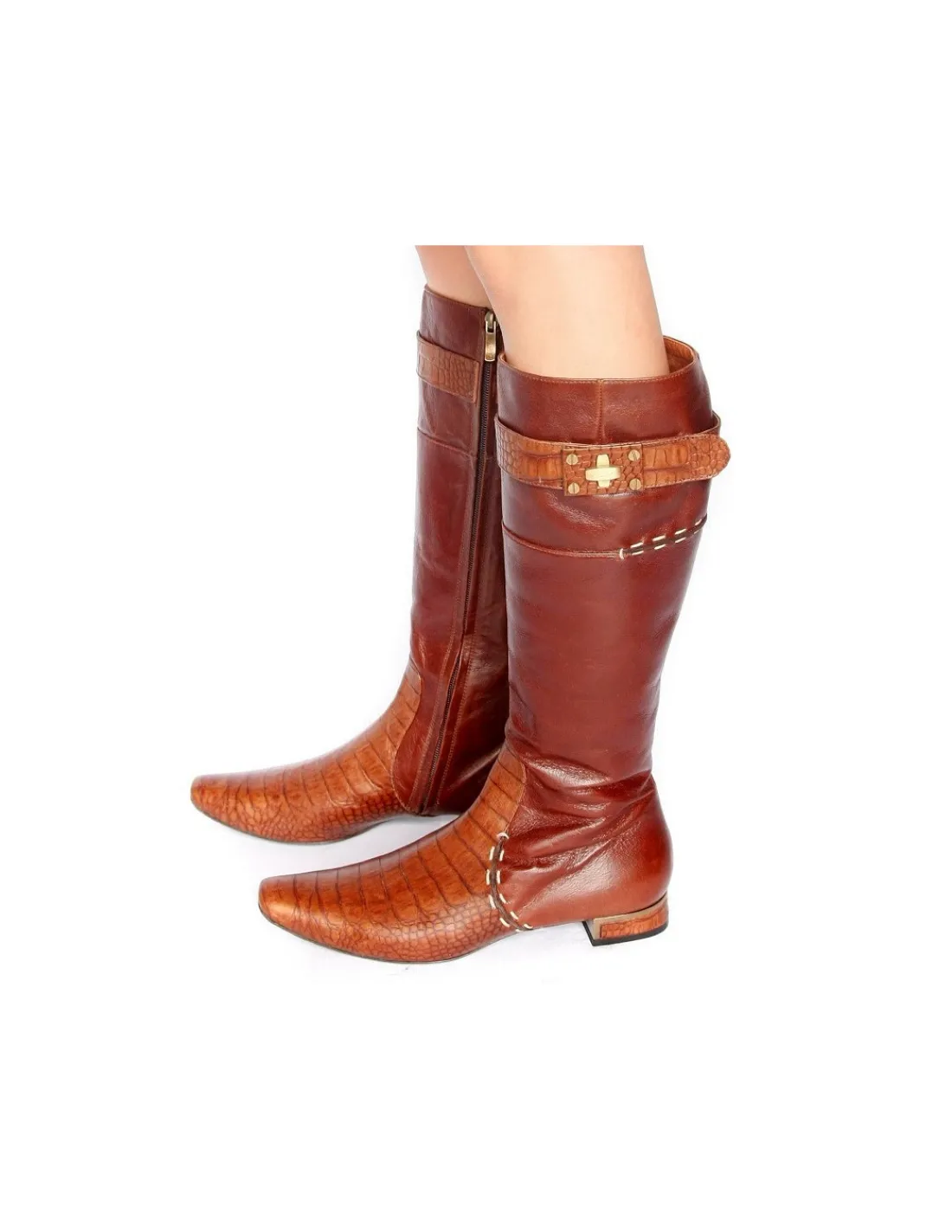 Damskie Neri Venezia kozaki z naturalnej skory tloczonej na wzor z croco, koniakowy braz