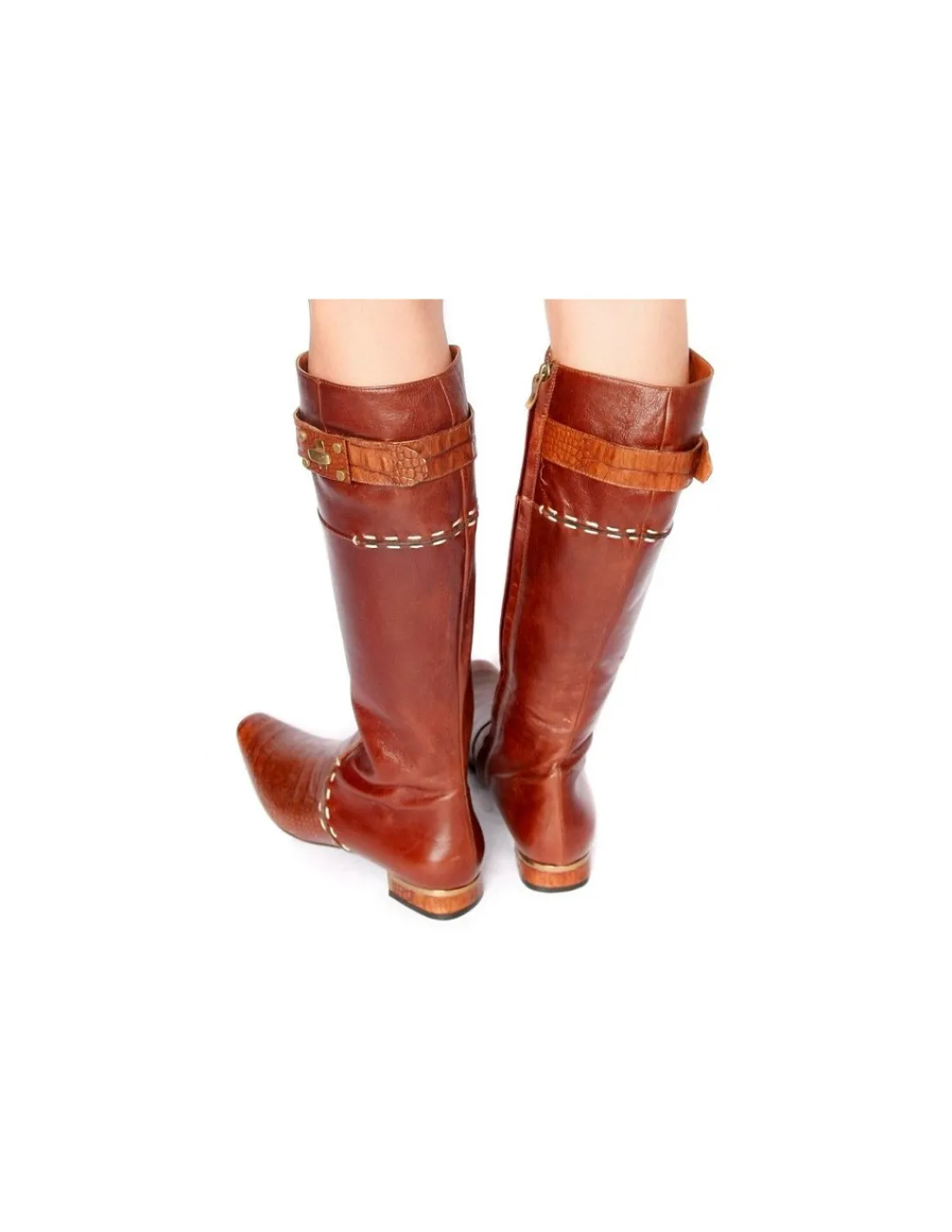 Damskie Neri Venezia kozaki z naturalnej skory tloczonej na wzor z croco, koniakowy braz