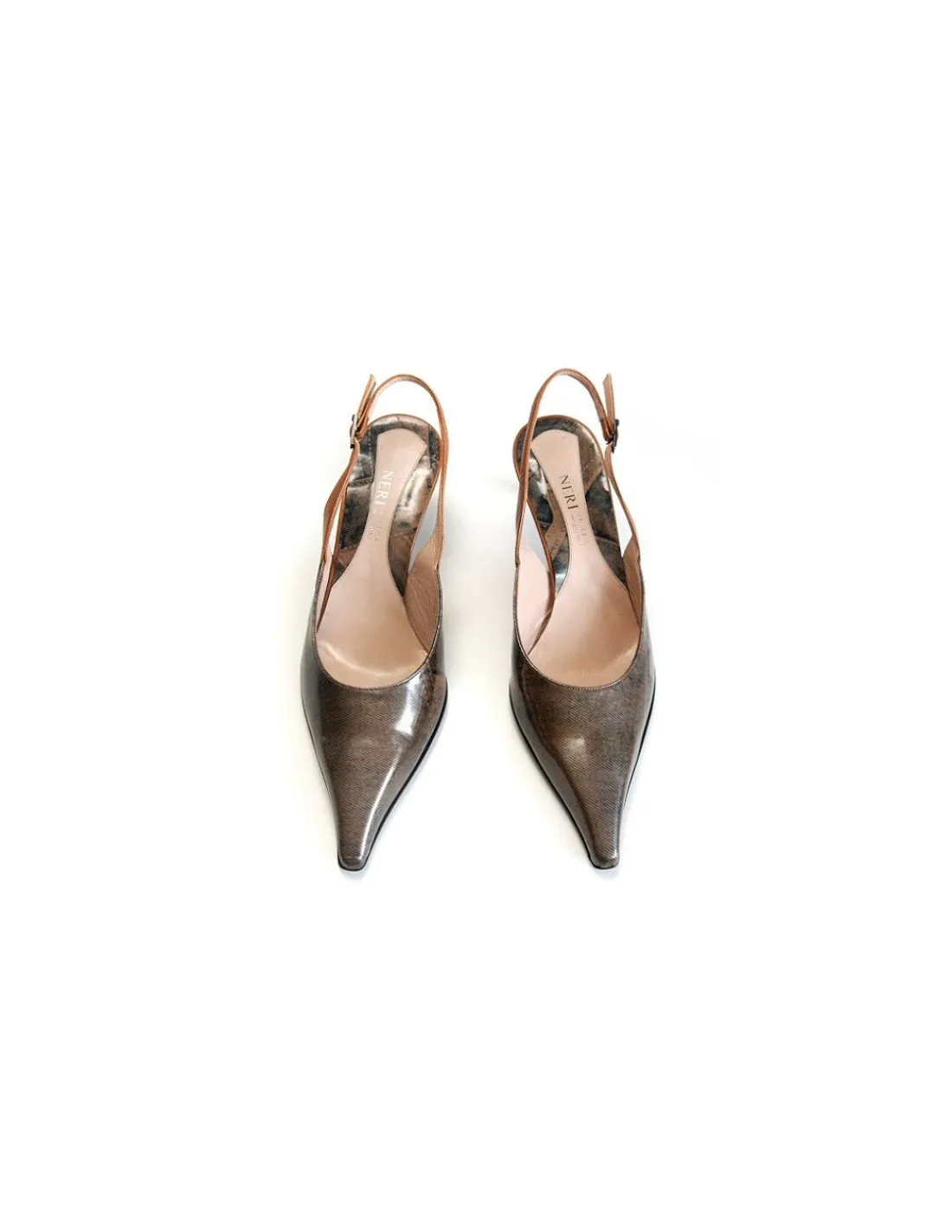 Damskie Neri Venezia czolenka z otwarta pieta, niewysokie szpilki w calosci z naturalnych skor