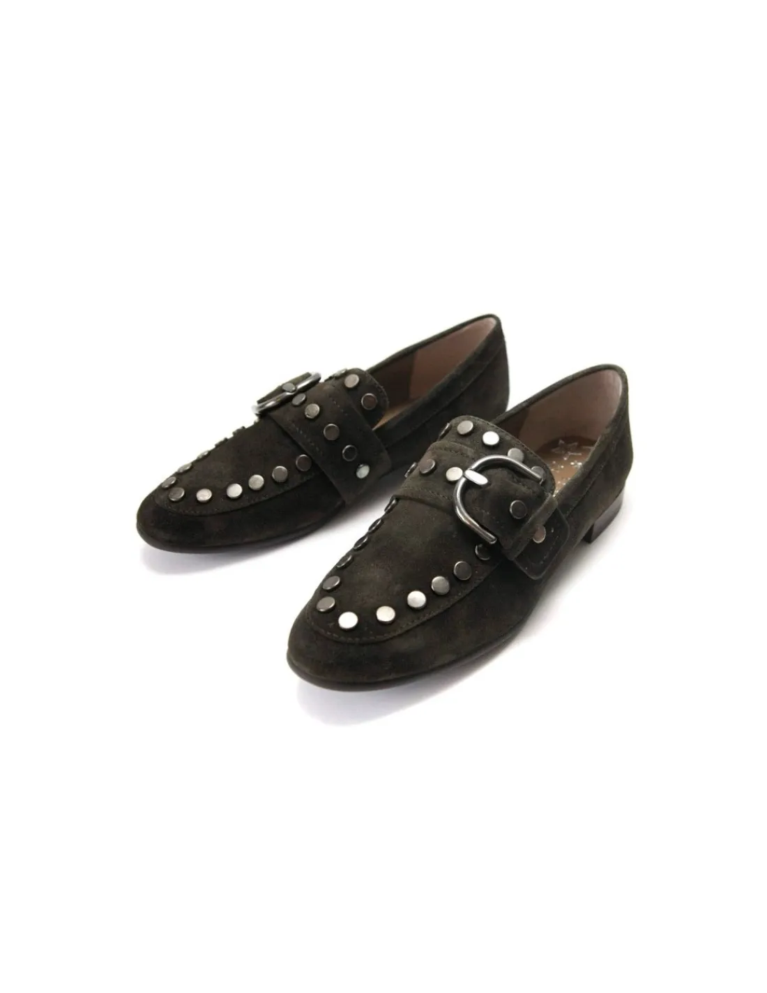 Damskie Pedro Miralles mokasyny w kolorze jesiennej zieleni, khaki i metalowe ozdobne nity