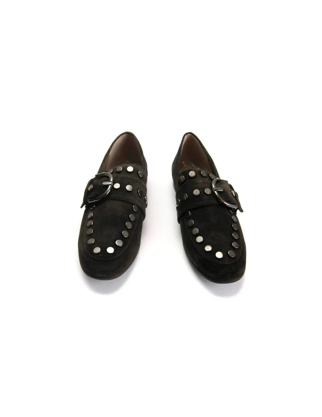 Damskie Pedro Miralles mokasyny w kolorze jesiennej zieleni, khaki i metalowe ozdobne nity