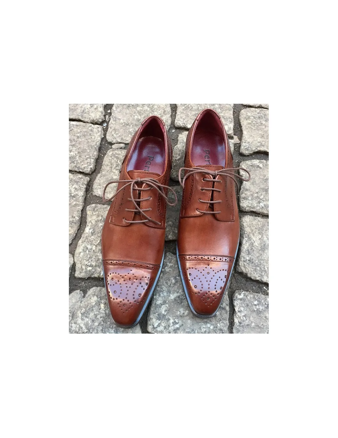 Damskie Pertini klasyka, polbuty derby captoe brogue z naturalnej skory jasny braz antykowany