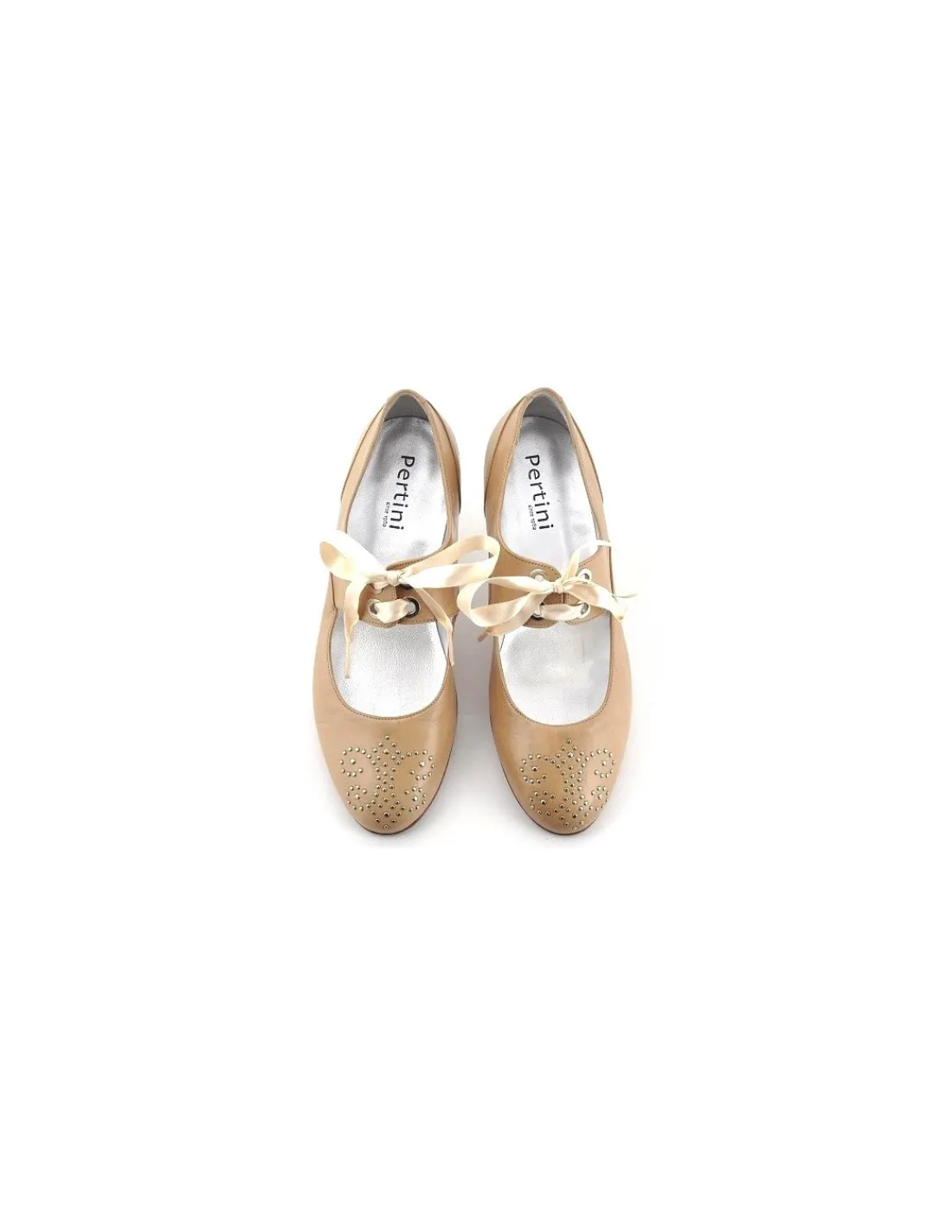 Damskie Pertini baleriny sznurowane, naturalna skora w kolorze bezowym, camel i z rozeta i metalowymi nitami