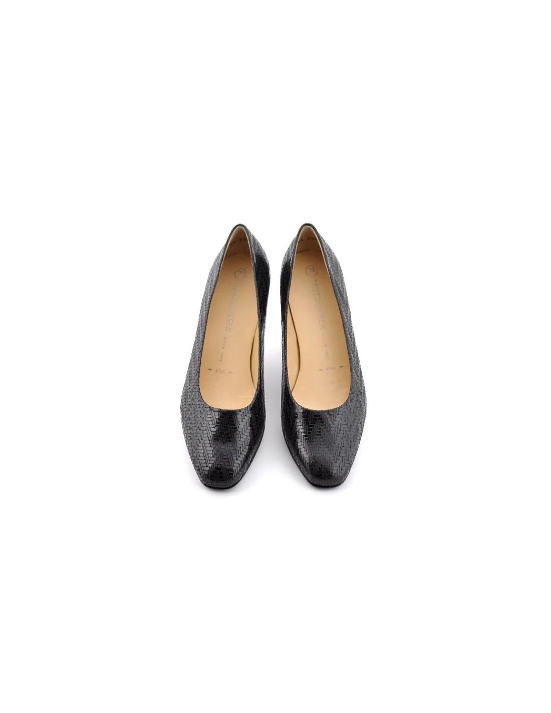 Damskie Peter Kaiser czolenka na niskich obcasach, baleriny, skorzane z dyskretnym wzorem jodelki, szlachetna klasyka